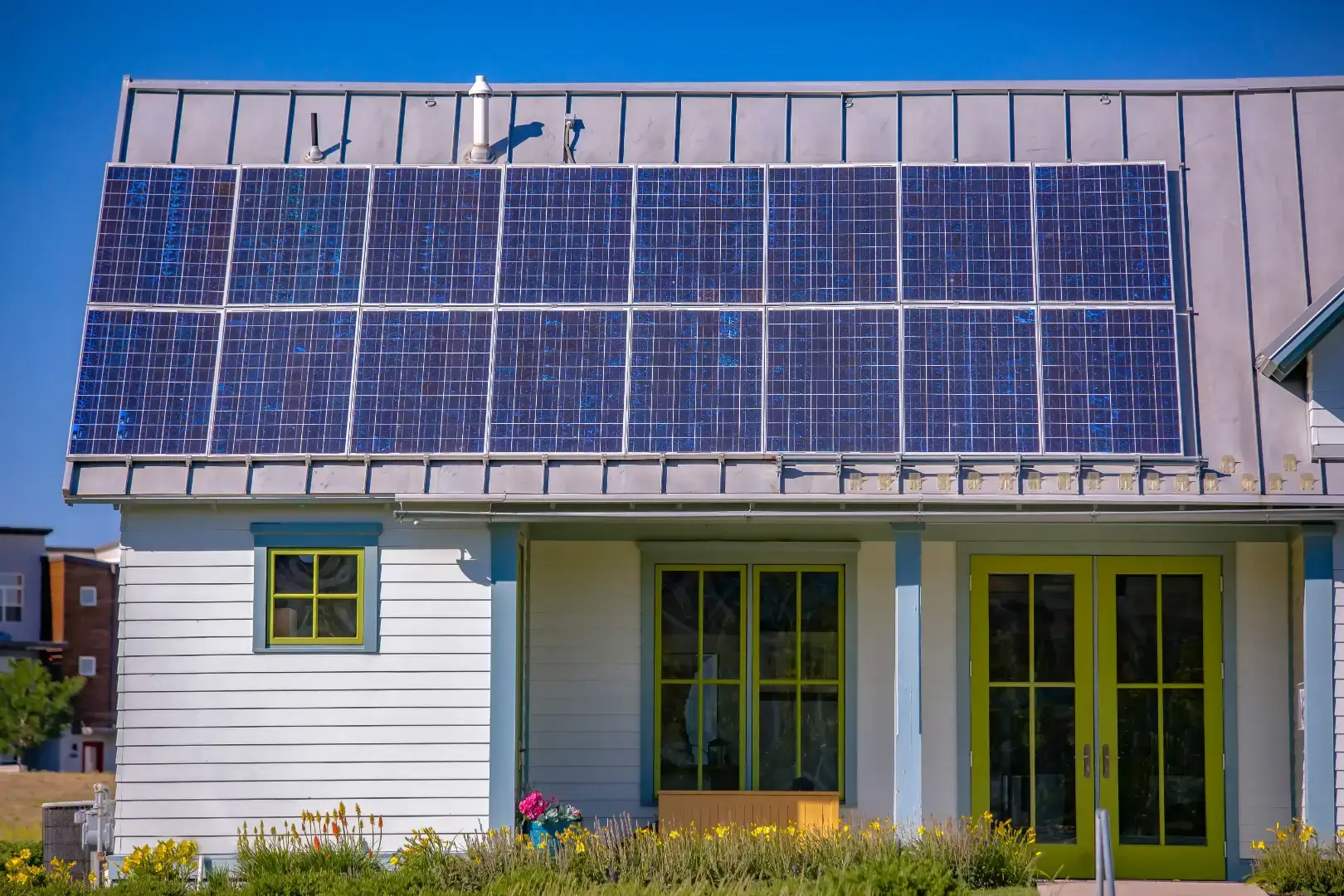 Solar panels installed across a residential rooftop