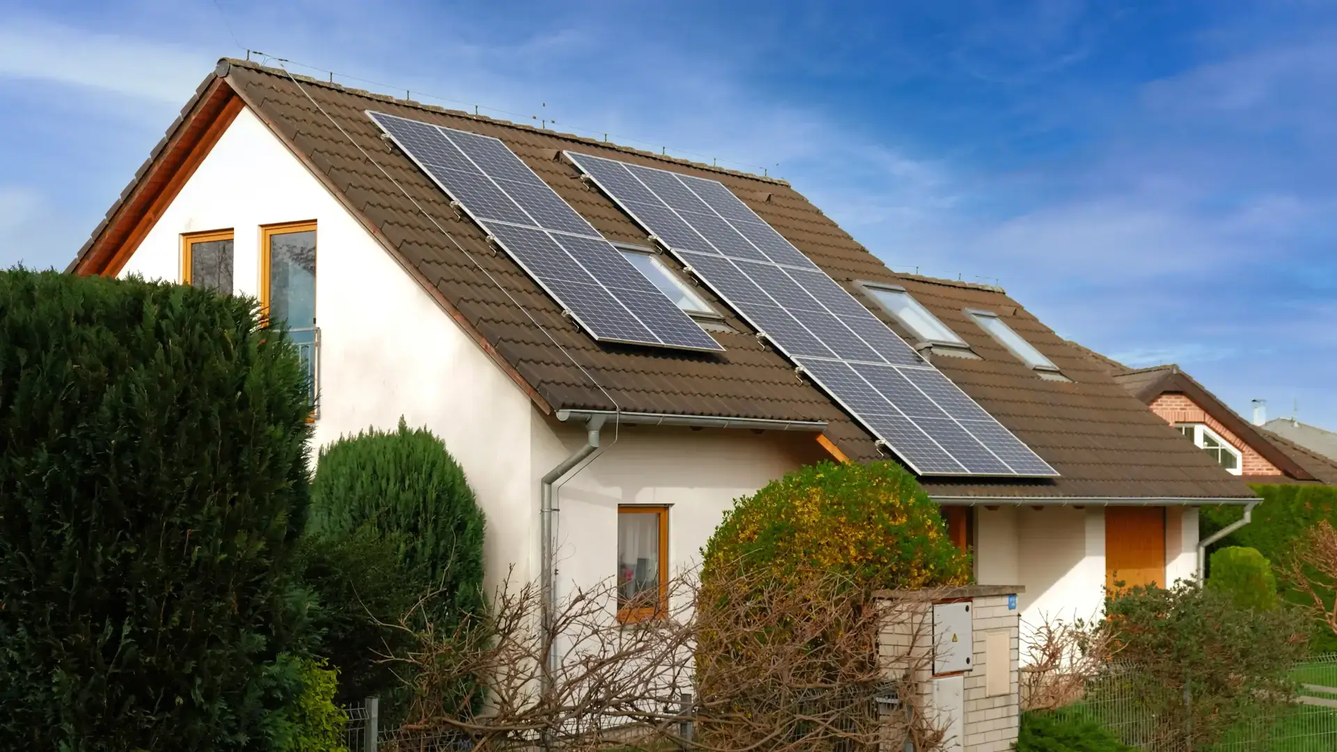 Suburban home with solar panels on the roof